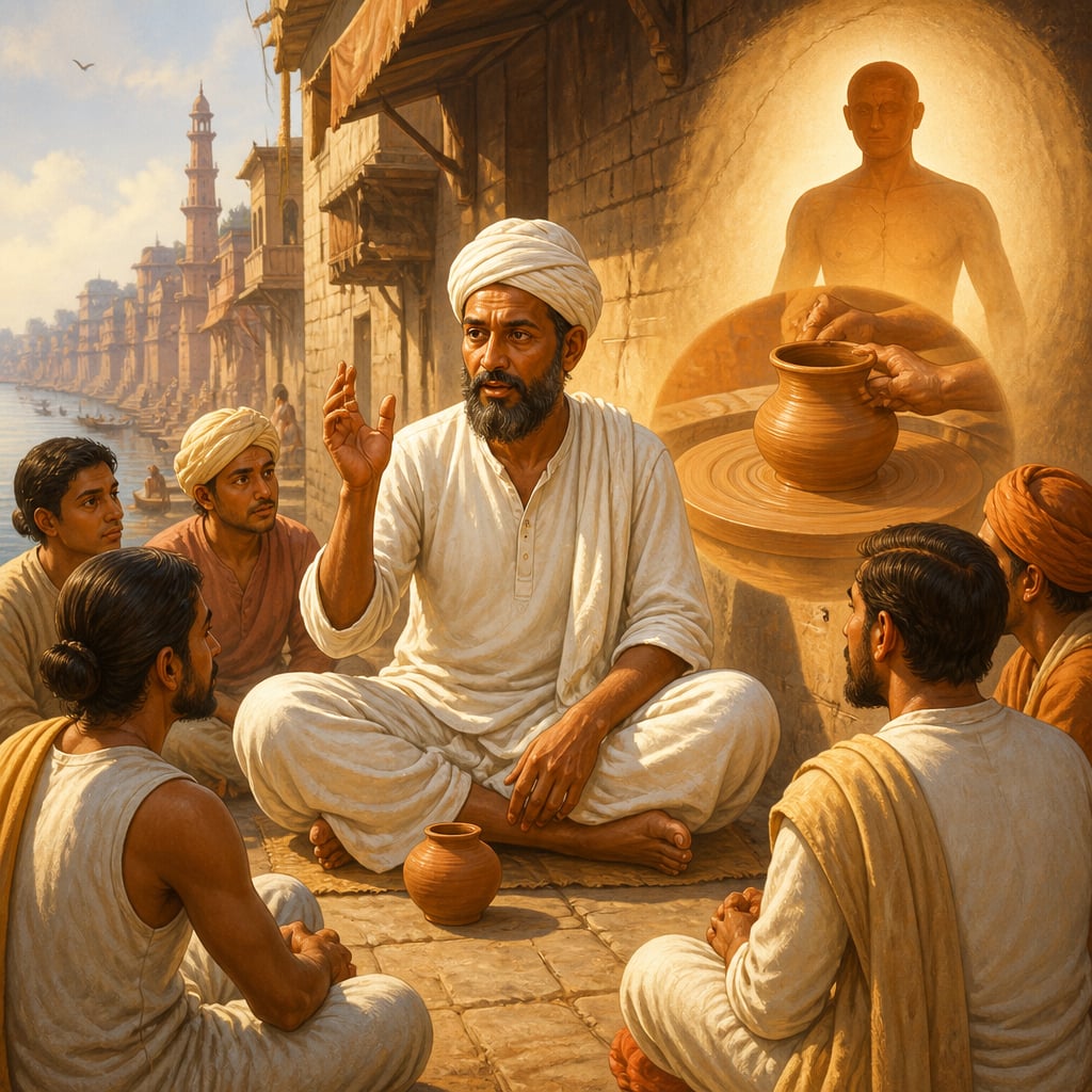 Kabir reciting the mati-kahe-kumhar-se doha behind the Panchaganga ghat in 1470