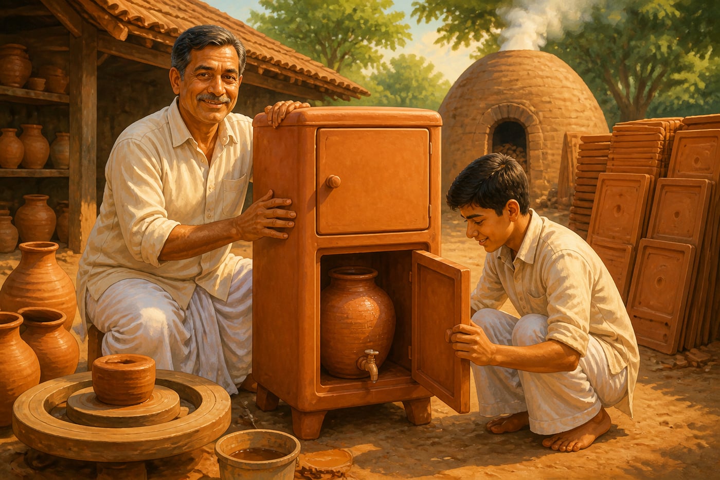 Mansukhbhai Prajapati with his Mitticool clay refrigerator at his Wankaner workshop
