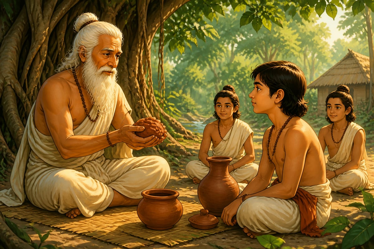 Uddalaka Aruni teaching Shvetaketu with a lump of clay in a forest hermitage