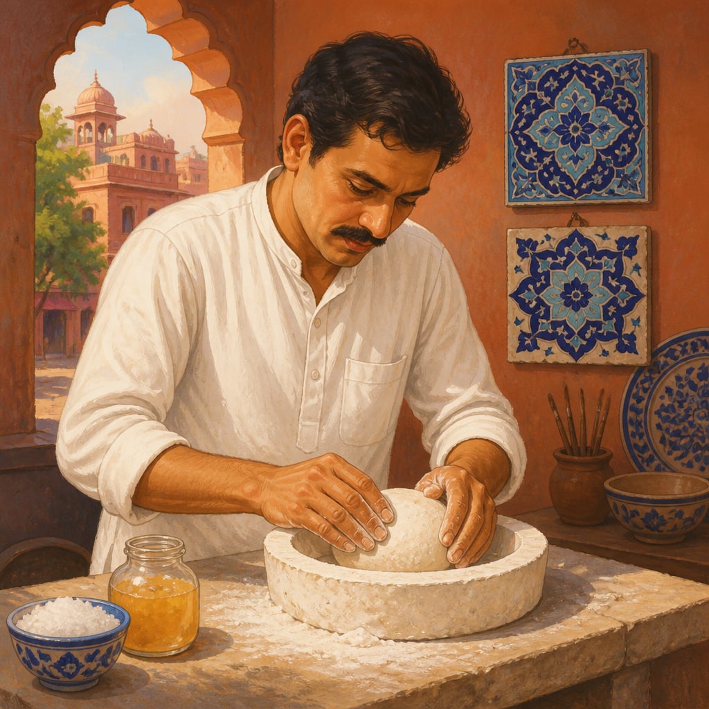 Kripal Singh Shekhawat pressing the quartz dough at his Bani Park workshop