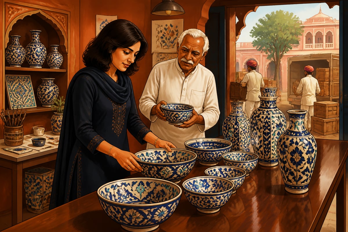 Neerja Chaudhary preparing the first Jaipur Blue Pottery export shipment in 1978