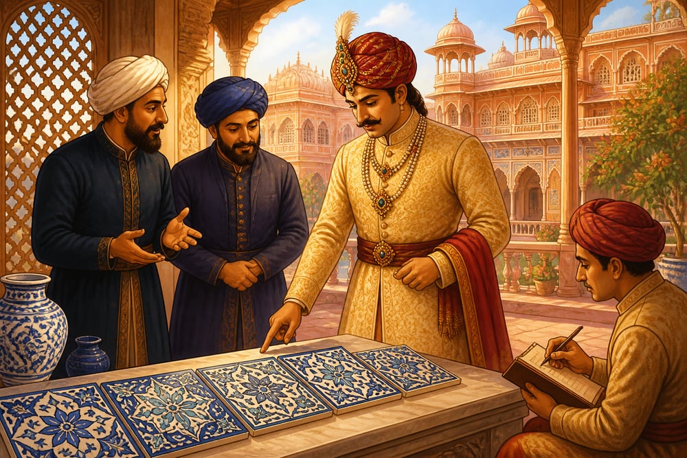 Maharaja Sawai Ram Singh II inspecting new Blue Pottery tiles in his Jaipur courtyard