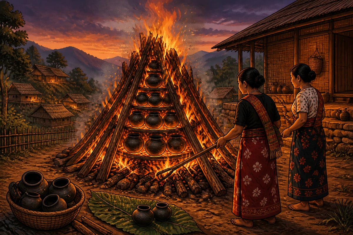 Tangkhul Naga village bonfire firing pots in a conical firewood pyre at twilight