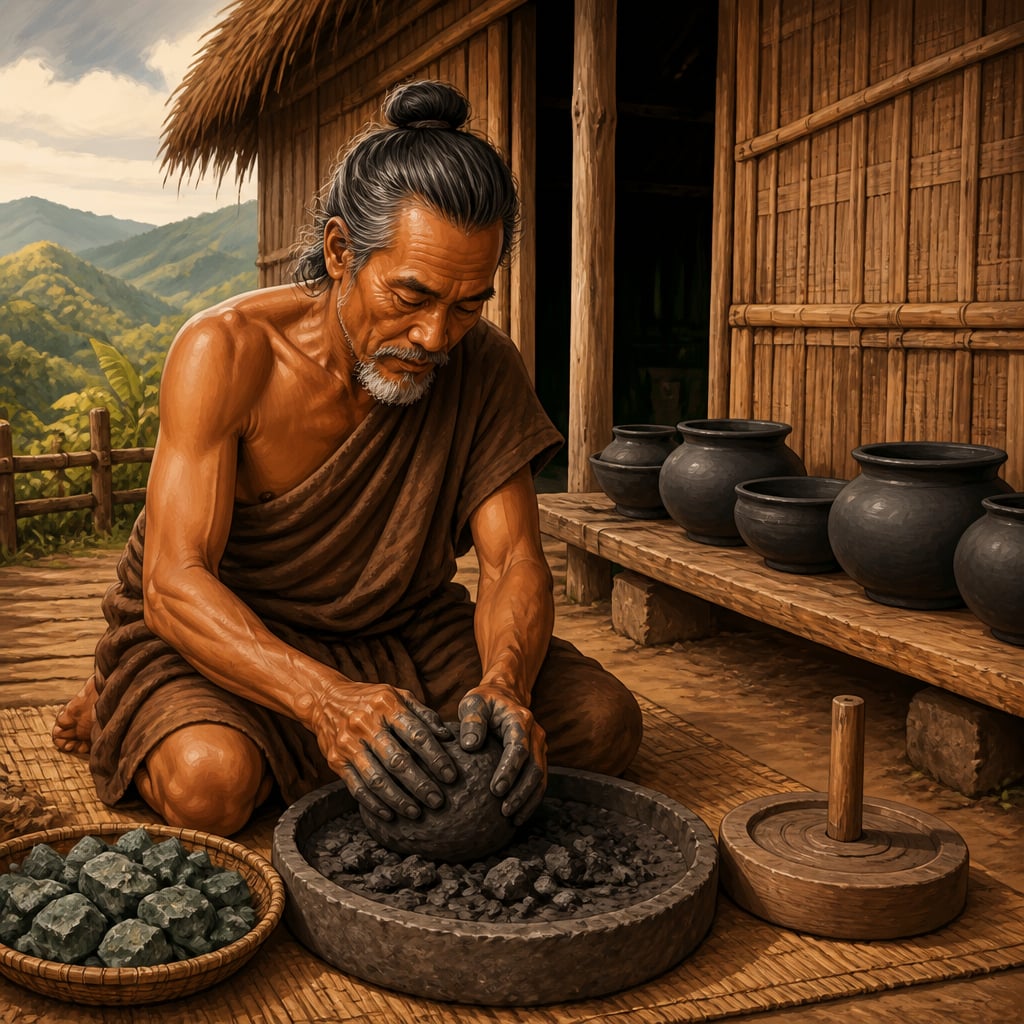 Machihan Sasa kneading grey-black serpentinite paste outside his Longpi home
