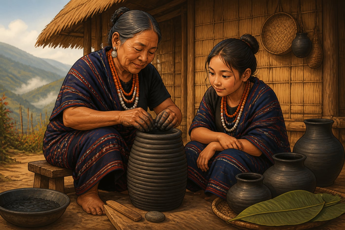 Tangkhul grandmother teaching coil-building to her granddaughter in Longpi Khullen