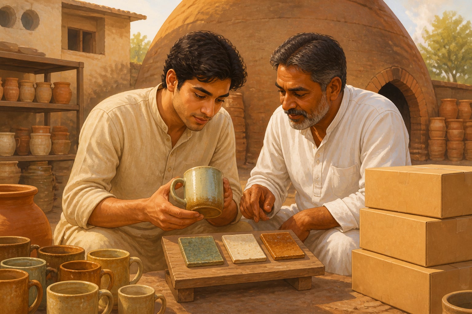 Designer and Khurja glaze master reviewing colour-test fragments in a kiln courtyard