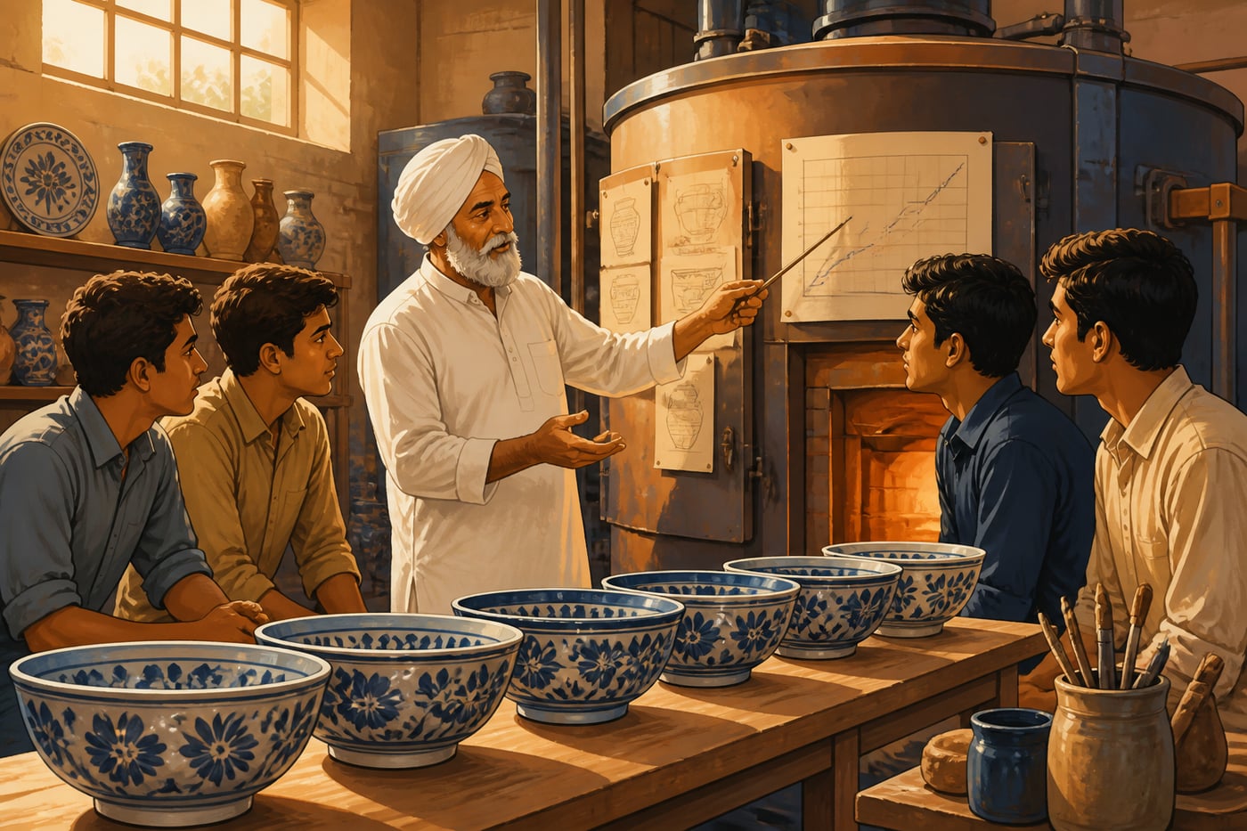 Sardar Gurcharan Singh teaching stoneware temperature curves to Delhi apprentices in 1952