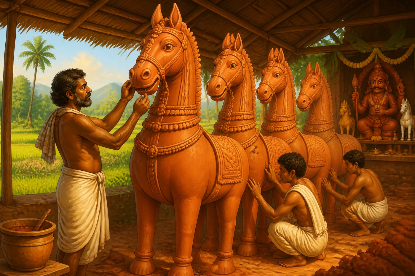 Velar potter finishing life-size Aiyanar guardian horses in a Tamil Nadu workshop