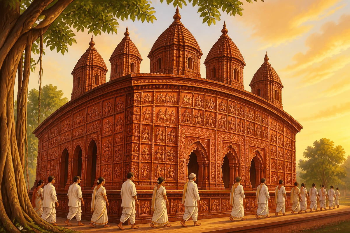 The Shyamrai terracotta temple at Bishnupur glowing in late afternoon light