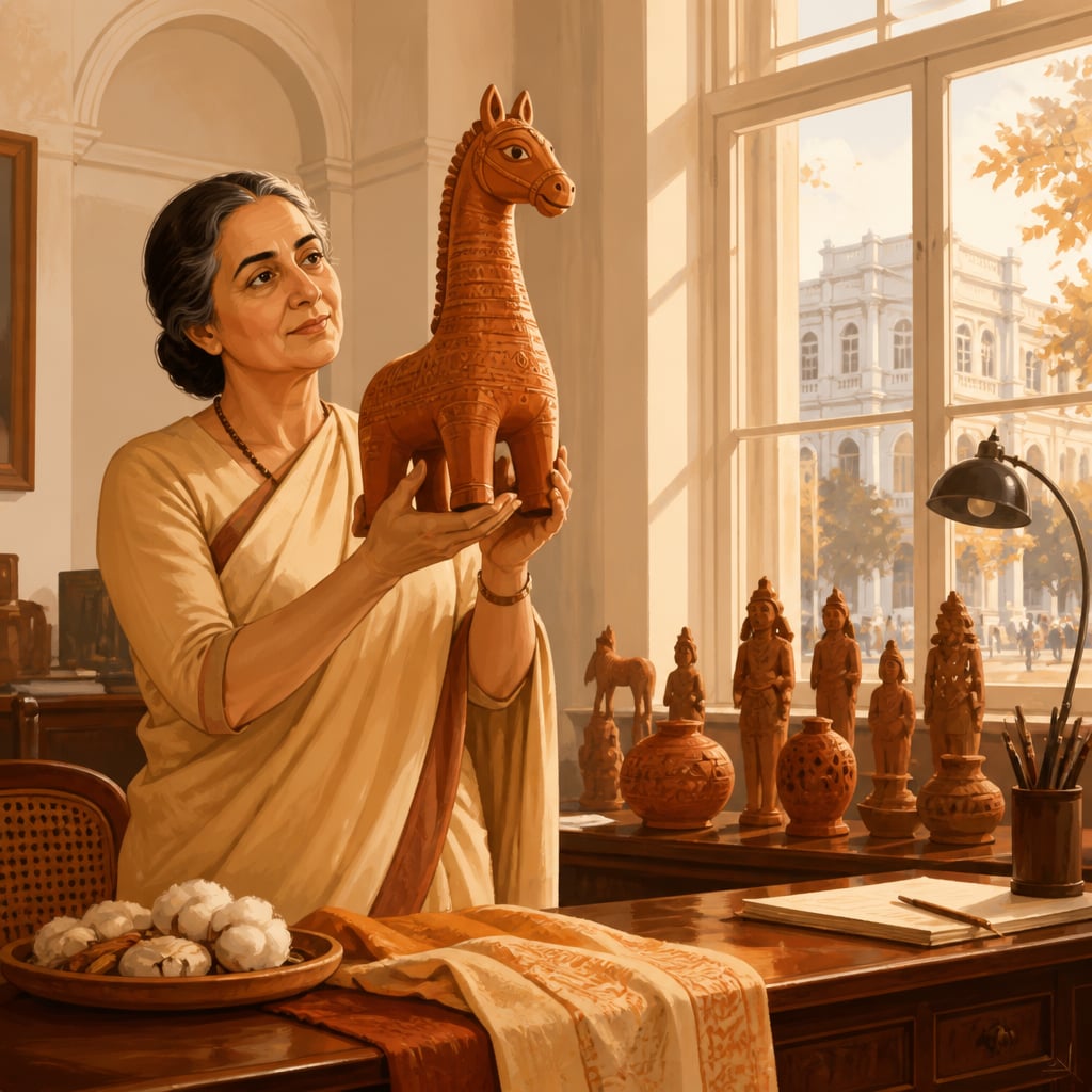 Kamaladevi Chattopadhyay holding the Bankura horse in her Connaught Place office in 1959