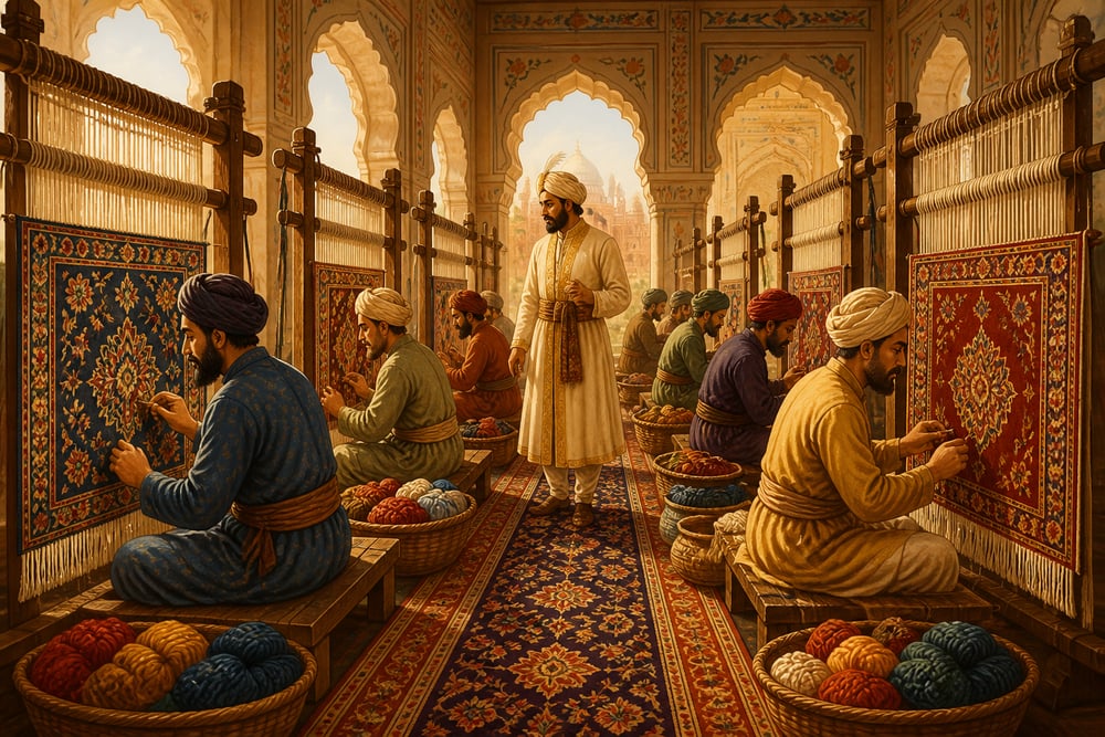 Akbar's Agra karkhana workshop at peak Mughal carpet production