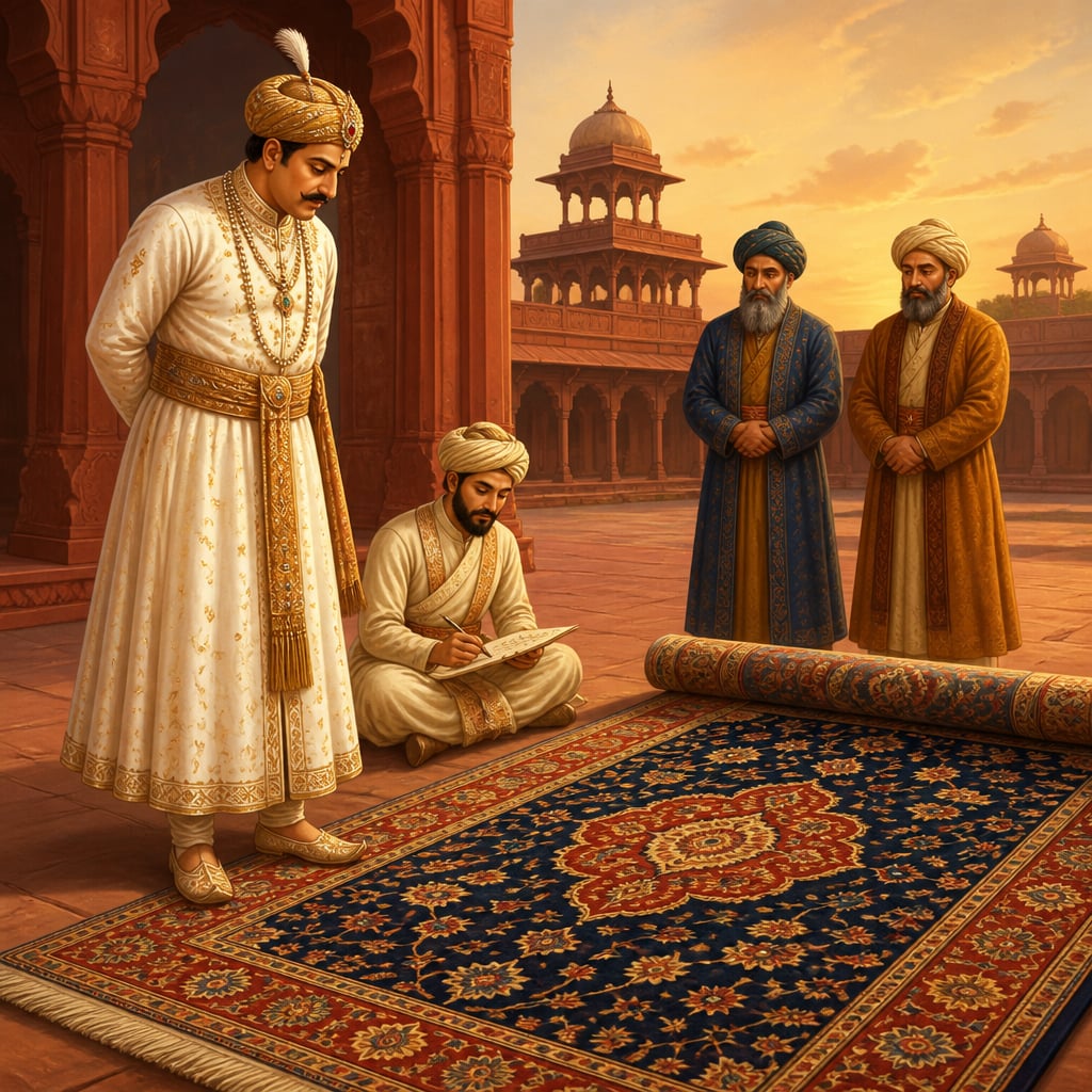 Akbar examining a Persian carpet at Fatehpur Sikri with Abu'l Fazl