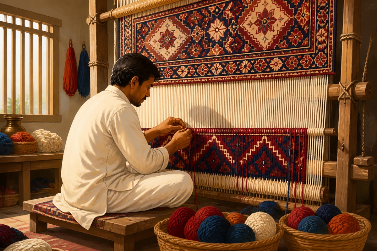 A single Bhadohi weaver at his vertical hand loom in the Ganga plains