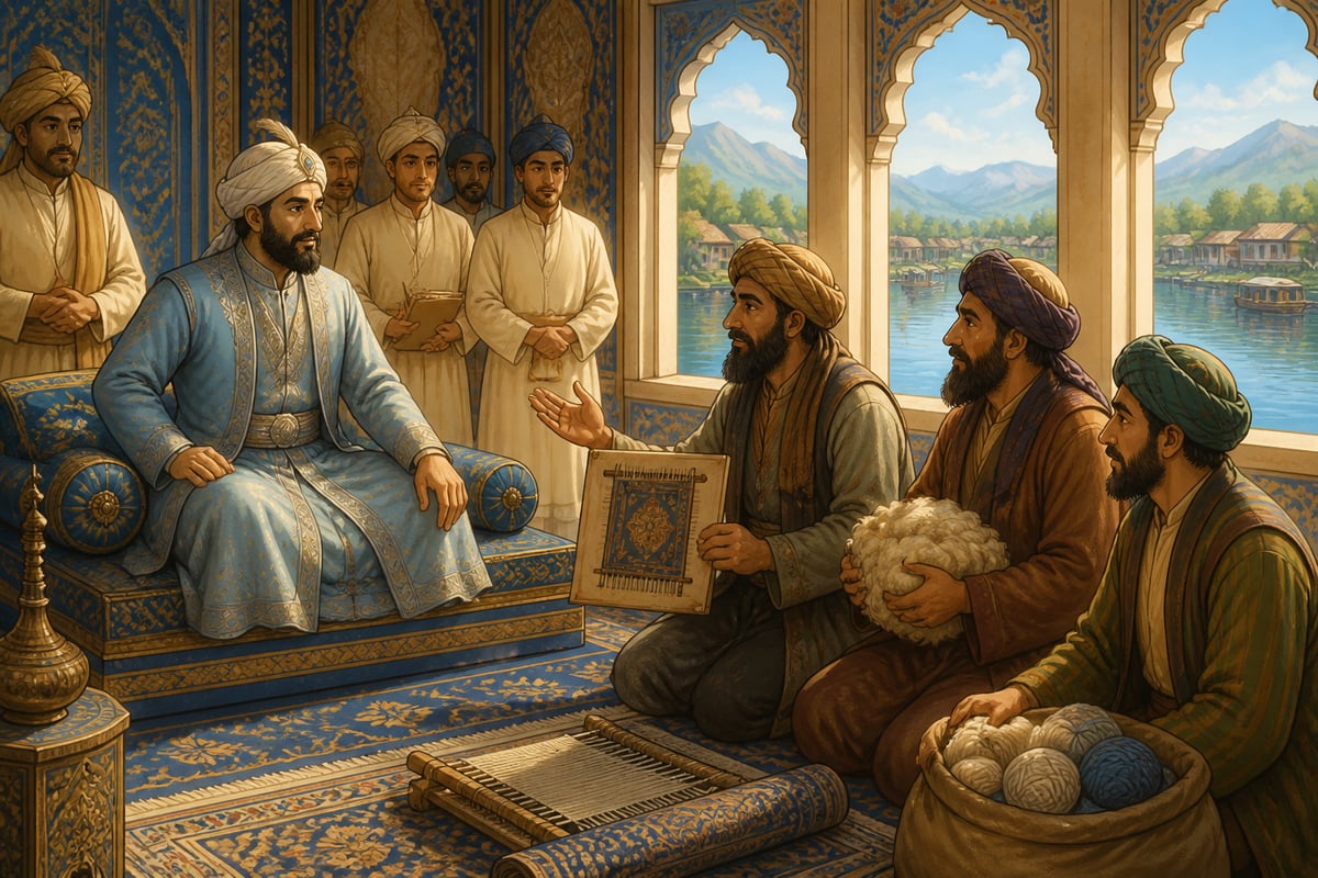 Sultan Zain-ul-Abidin welcoming Persian master weavers to Srinagar in the 1440s