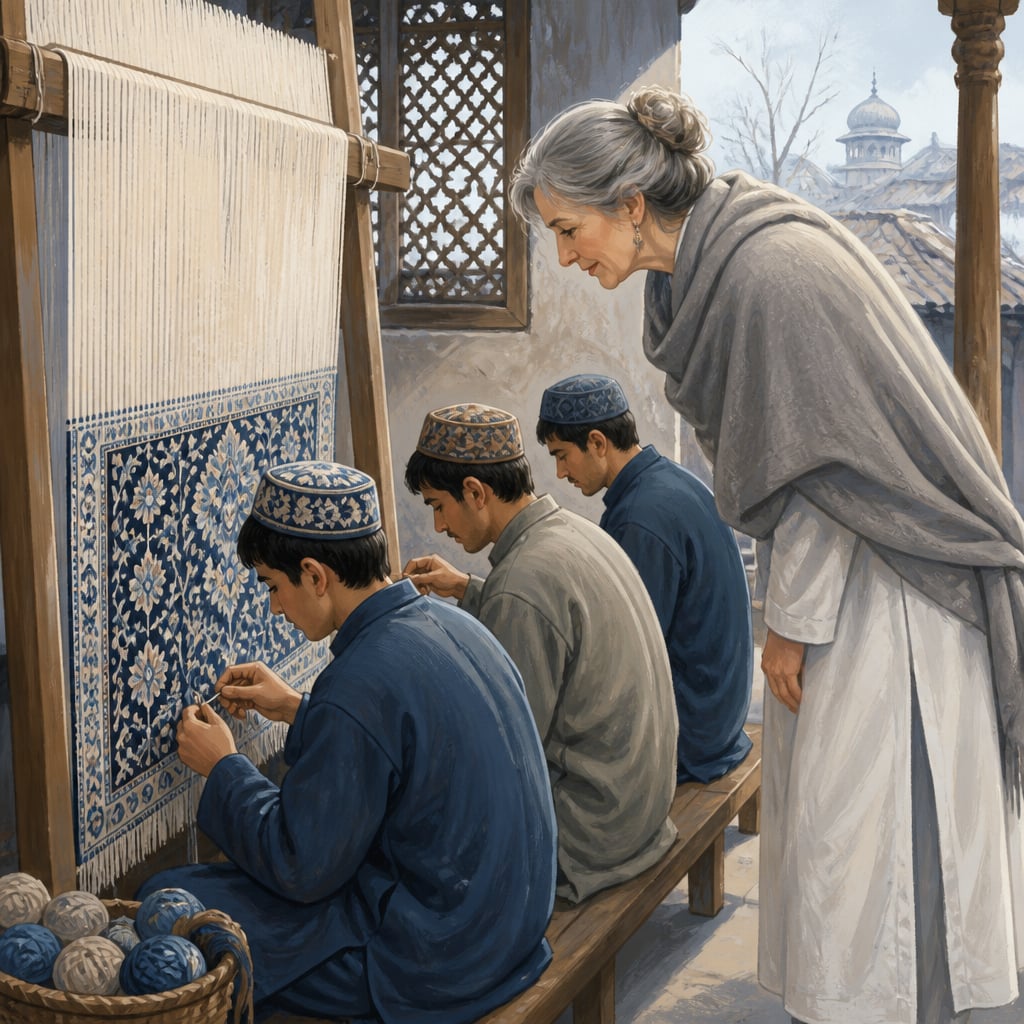 Jenny Housego watching young Kashmiri weavers at a Srinagar courtyard loom in 1998