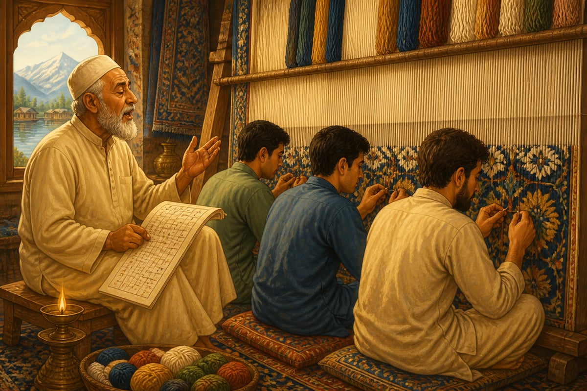 A Kashmir naqash chanting from the talim script as three weavers tie knots