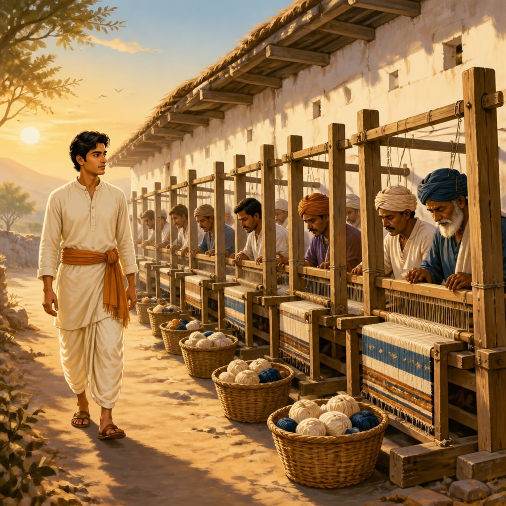 Nand Kishore Chaudhary walking past his first nine hand looms in 1978