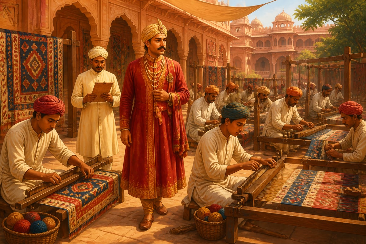Maharaja Sawai Ram Singh II inspecting the royal Jaipur durrie karkhana