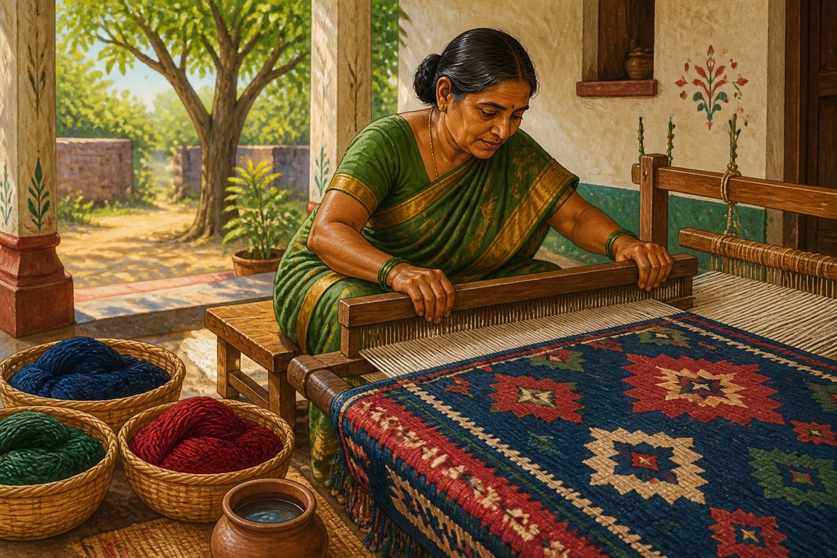 A Telangana woman weaver pressing the punja beater on a Warangal durrie