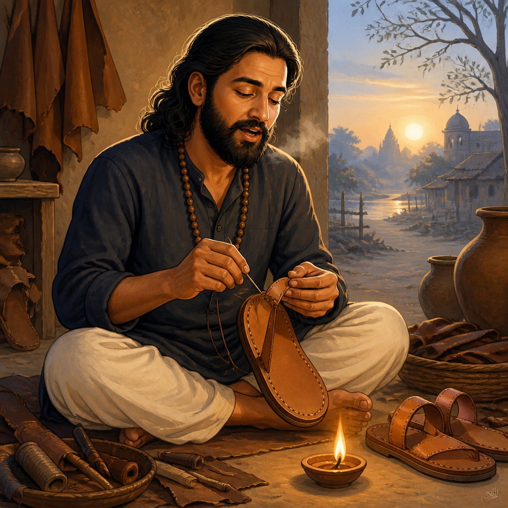 Sant Ravidas stitching a sandal at dawn while composing a devotional verse