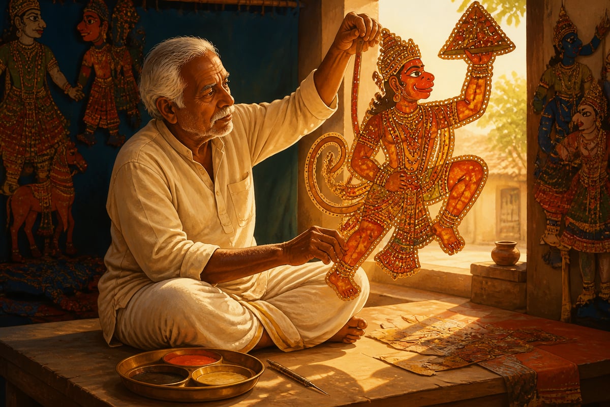 A Tholu Bommalata artist holding up a translucent leather shadow puppet