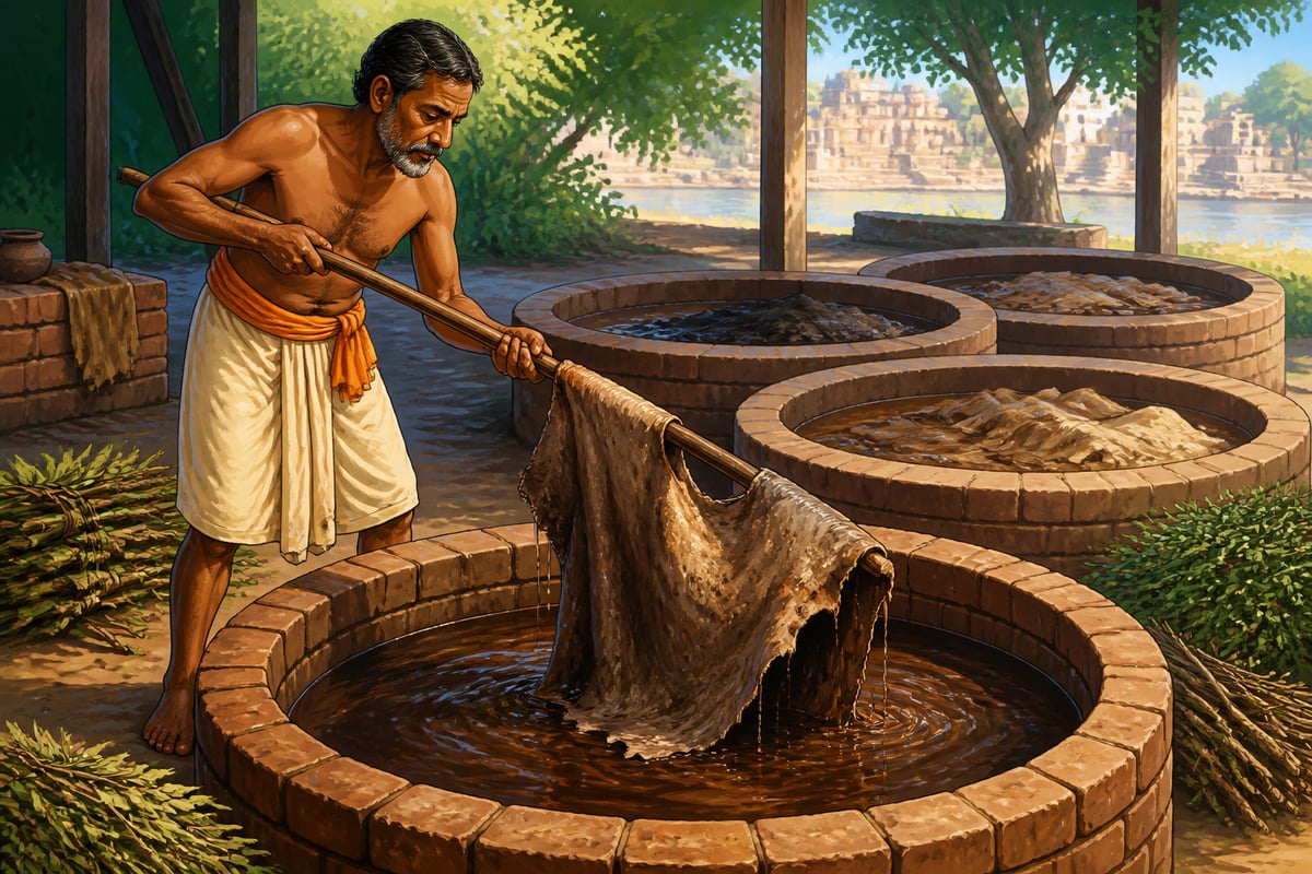 A village charmakara lifting a hide from a tanning vat in the open shed