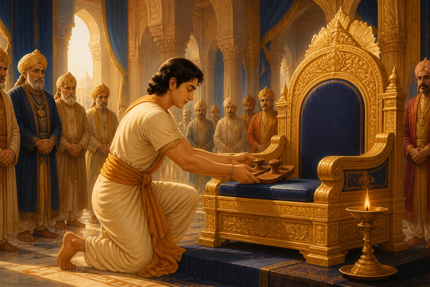 Bharata placing Rama's wooden padukas on the empty Ayodhya throne