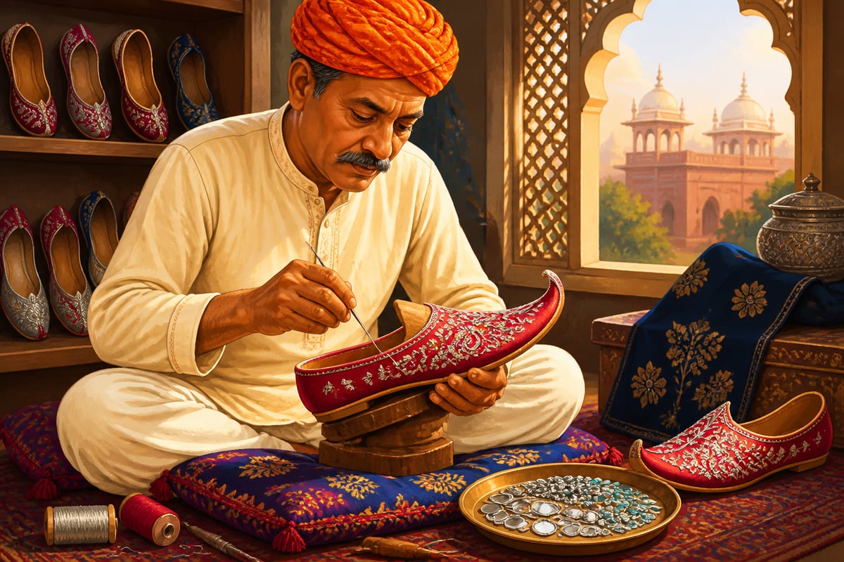 A Jaipur jutti craftsman stitching silver thread onto a crimson mojari