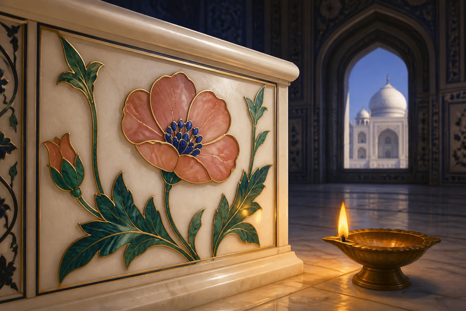 A close-up parchin kari poppy panel on Mumtaz Mahal's cenotaph