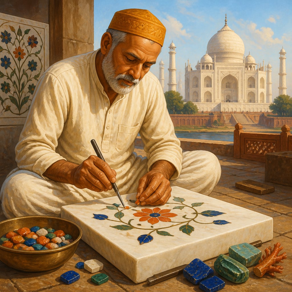 A Taj Ganj karigar pressing carnelian into a Makrana marble groove