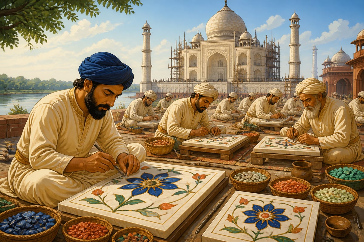 The Mughal-era parchin kari atelier beside the rising Taj Mahal