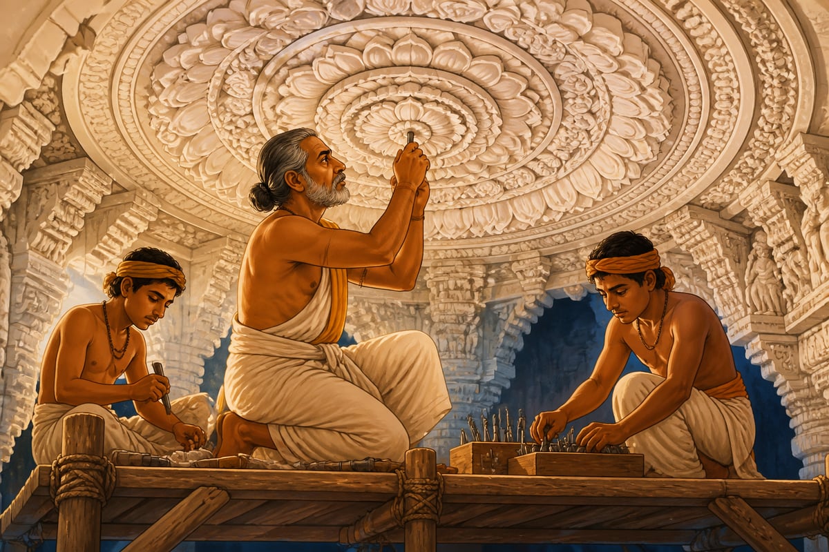 A Sompura silpi carving the central dome of the Vimal Vasahi at Dilwara