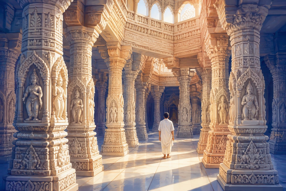 The forest of 1,444 marble pillars inside the Ranakpur Chaumukha