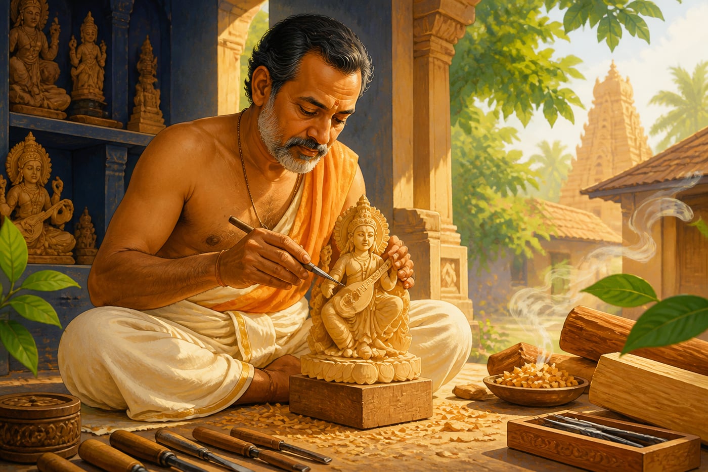 A Mysore sandalwood carver shaping a Saraswati figurine from gandhachi mara