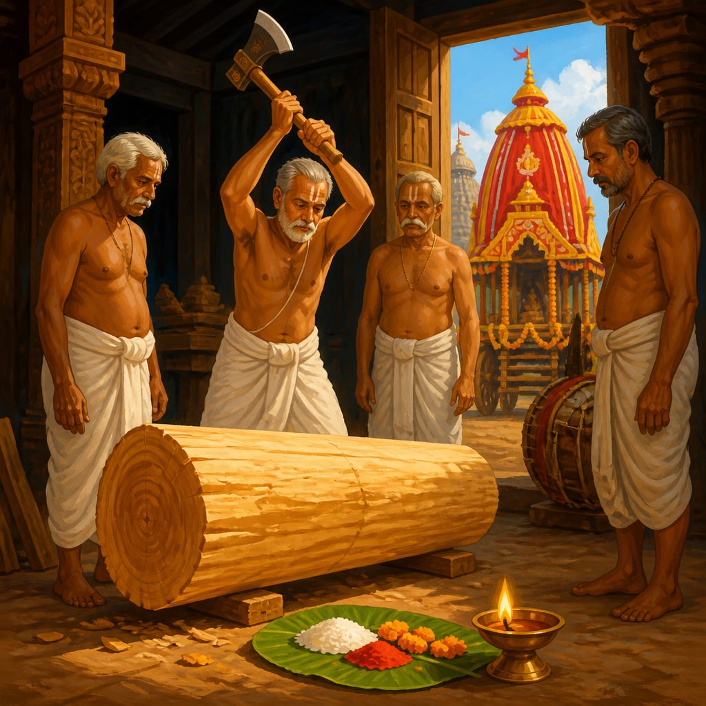 Maharana carpenters at the Puri Rath Khala raising the first axe on Akshaya Tritiya