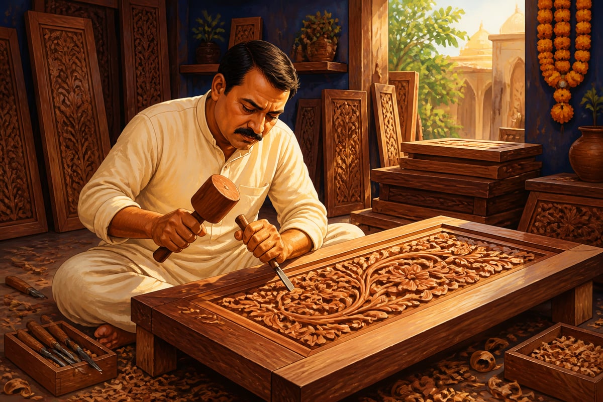 A Saharanpur wood carver carving floral patterns into a sheesham door panel