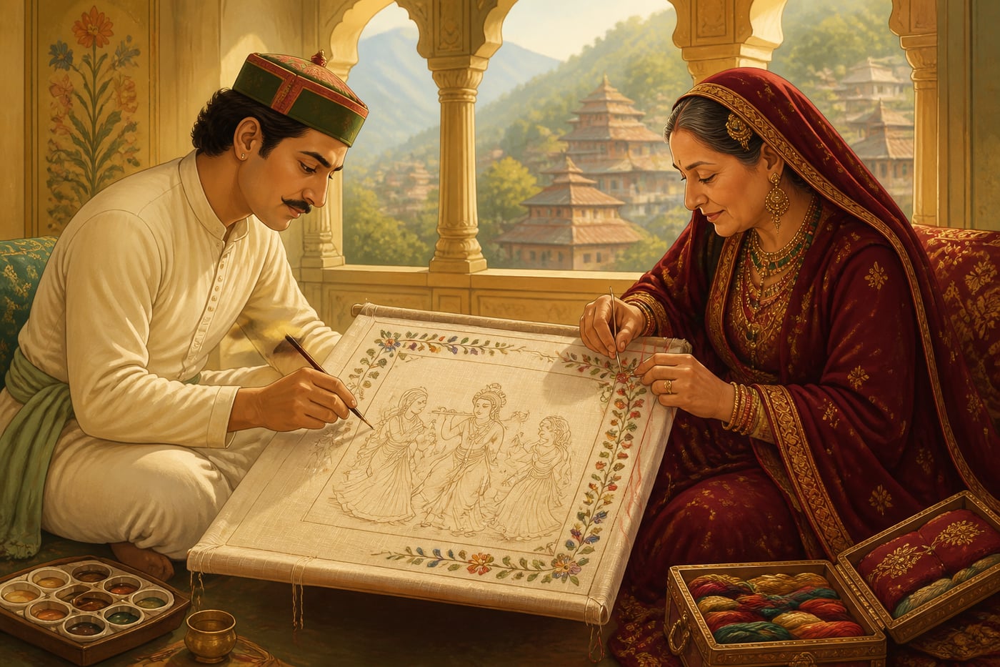 A Pahari painter and a Chamba royal embroiderer collaborating on a rumal
