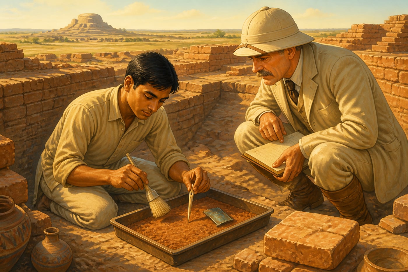 A 1920s excavation lifting a bone needle from a Mohenjo-daro trench