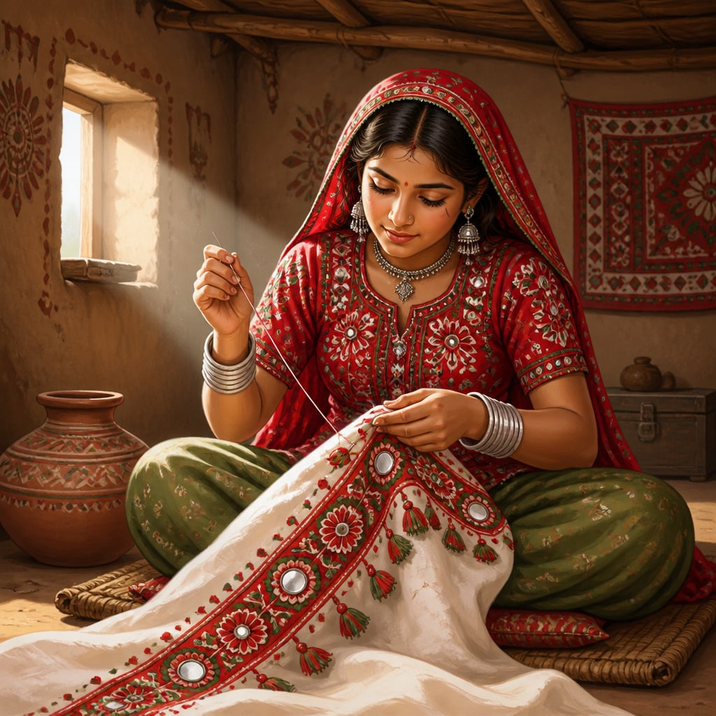 Pabiben Rabari stitching a torana wedding hanging in her Bhadroi mud house