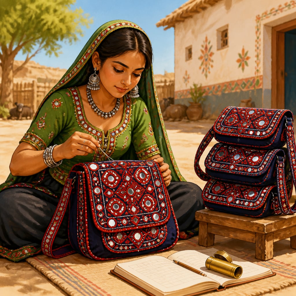 Pabiben Rabari finishing an embroidered shoulder bag bound for Tokyo