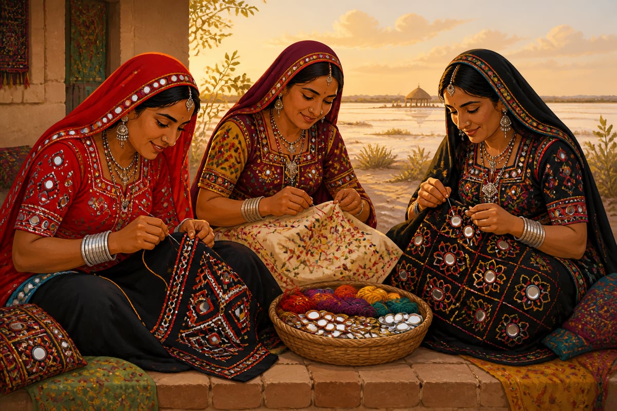 Three Kutch women of Rabari, Ahir, and Jat traditions embroidering together