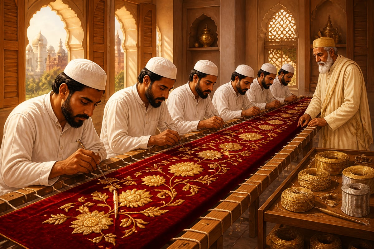 A traditional Agra zardozi karkhana with craftsmen at the adda frame