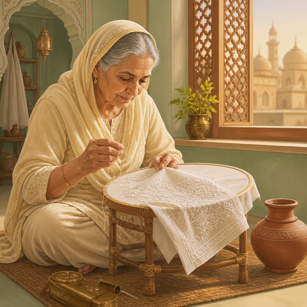 Zareena Begum working the bakhiya stitch in her old Lucknow home
