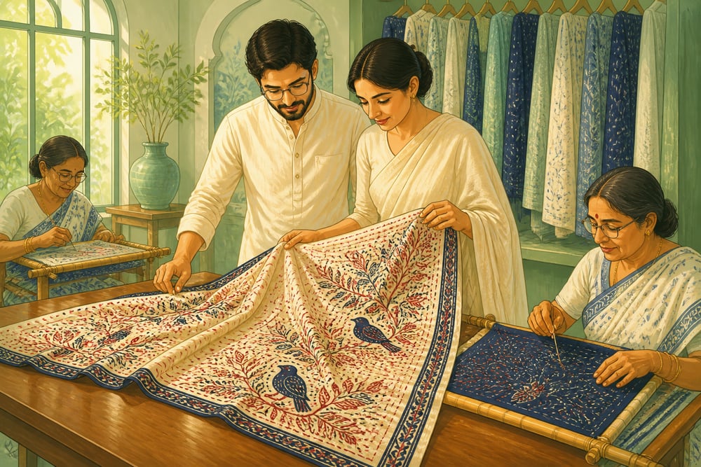 The Bailou couture studio reviewing a finished kantha-stitched silk saree