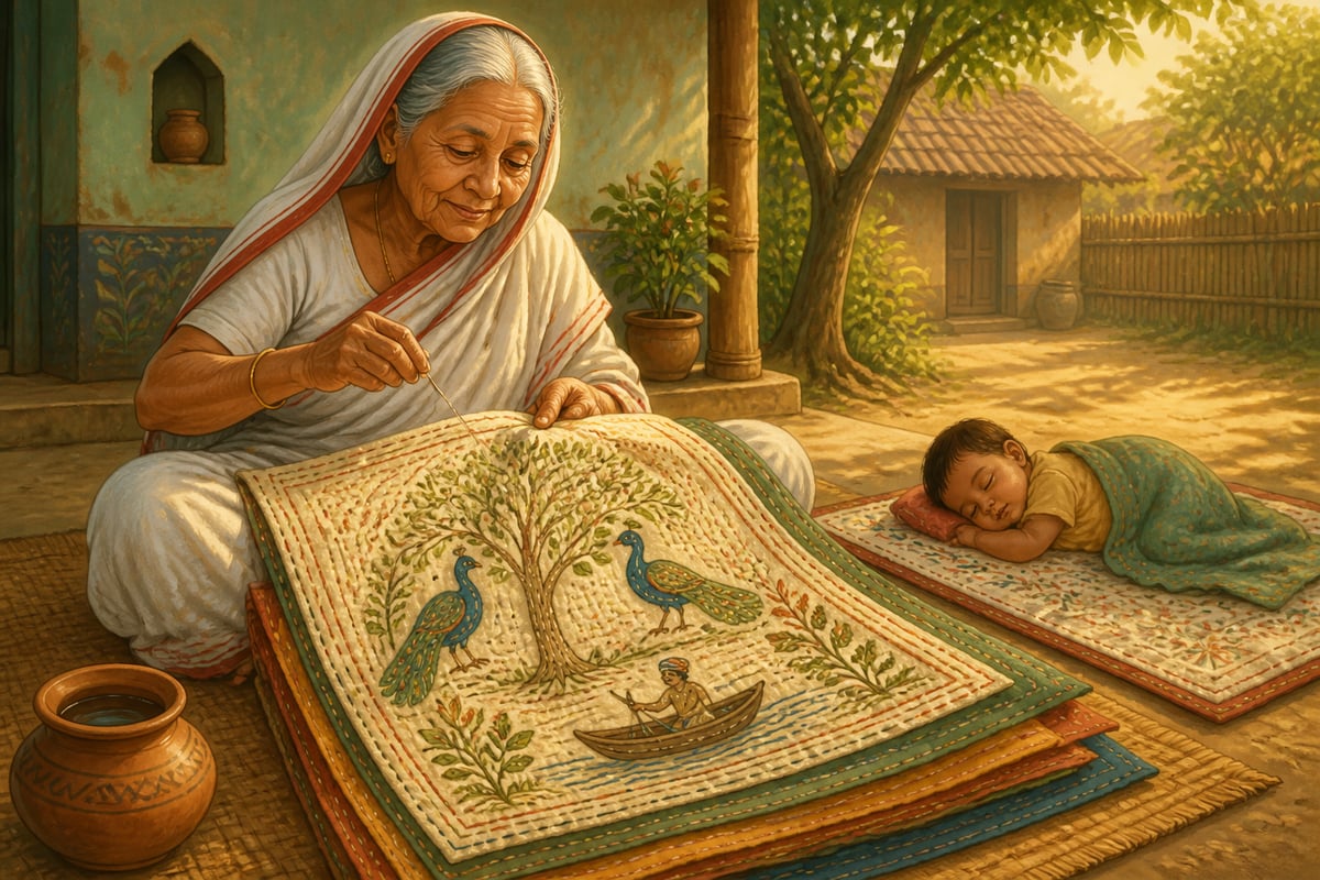 A Birbhum grandmother stitching a narrative nakshi kantha in her courtyard