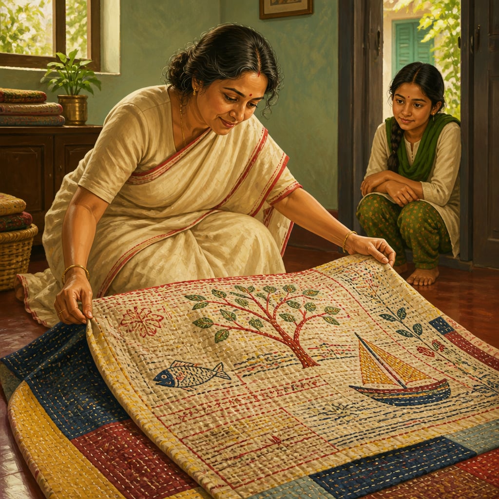 Shamlu Dudeja unfolding a village nakshi kantha quilt in her Kolkata flat