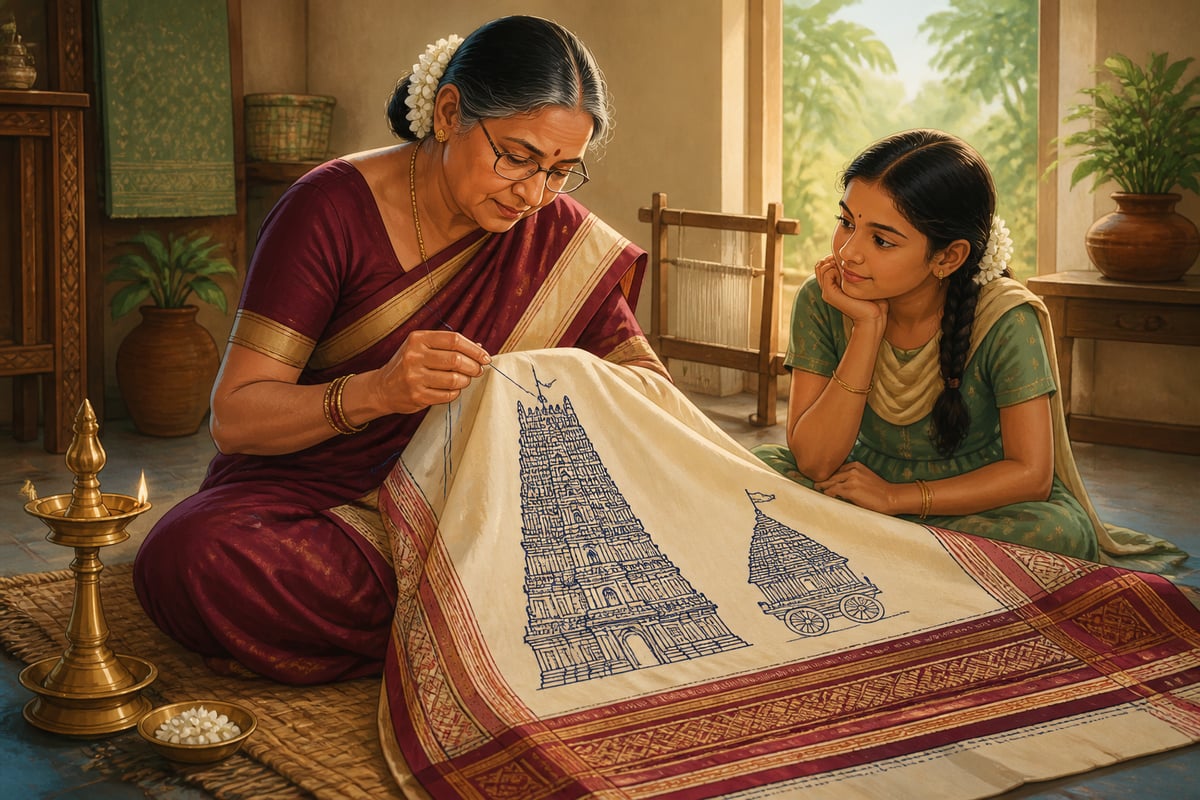 A Kasuti master embroiderer building a temple gopuram on an Ilkal saree