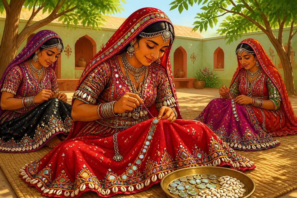 A Lambani Banjara woman stitching mirrors on her phetiya at Sandur