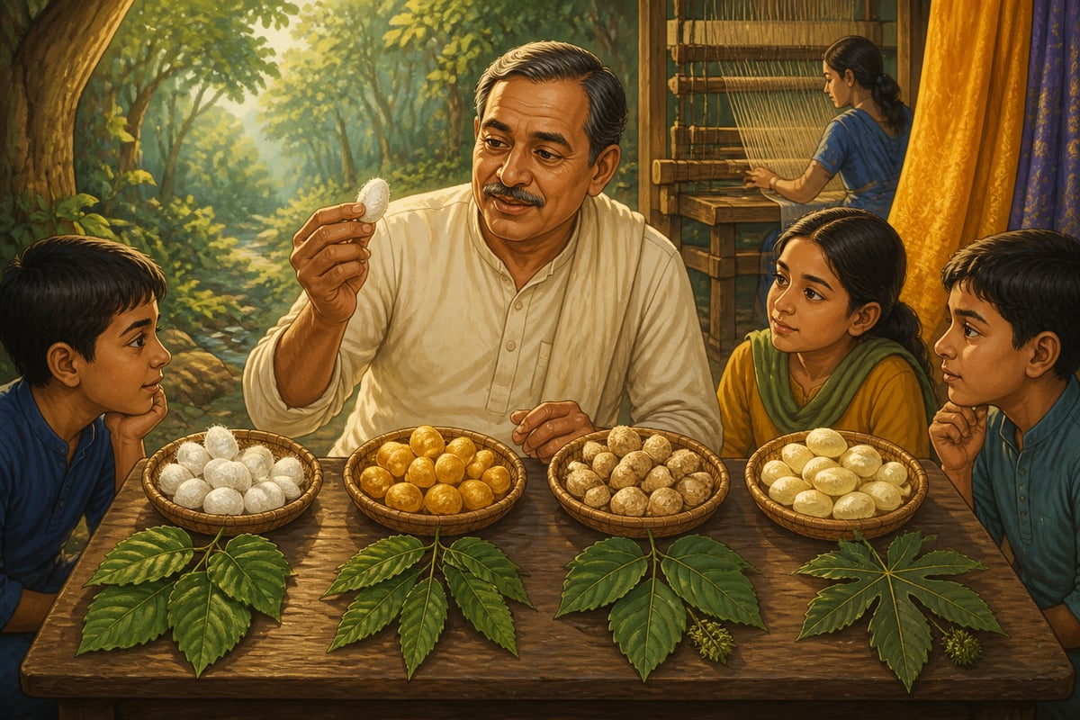 Four Indian silkworm cocoons with their feeding leaves laid out