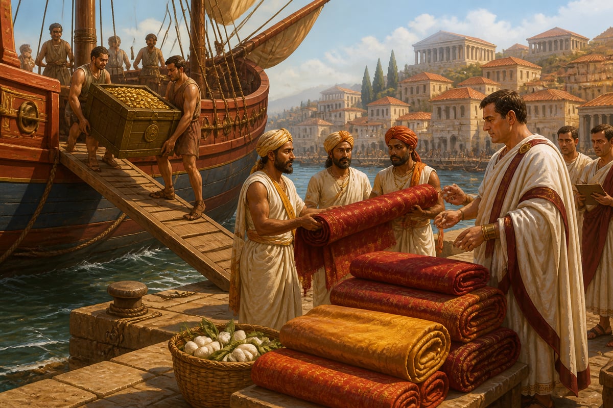 Roman ships unloading Indian silk as gold flows back the other way